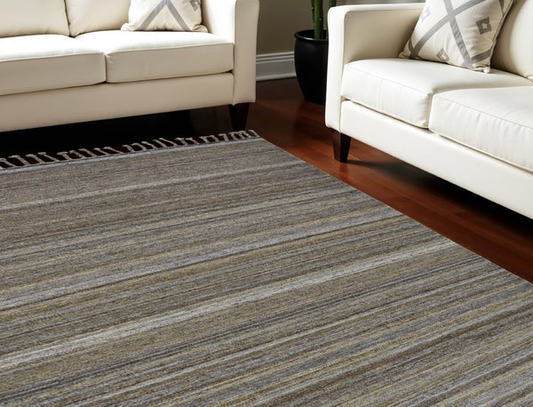 HomeRoots 9' X 12' Hand Woven Wool Striped Area Rug with Fringe – Timeless Design, Stain-Resistant & Durable Gray 565854