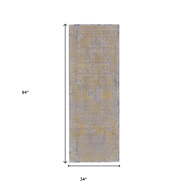 Homeroots 8' Gray And Gold Oriental Power Loom Worn Faded Runner Rug Gray Polypropylene 565857