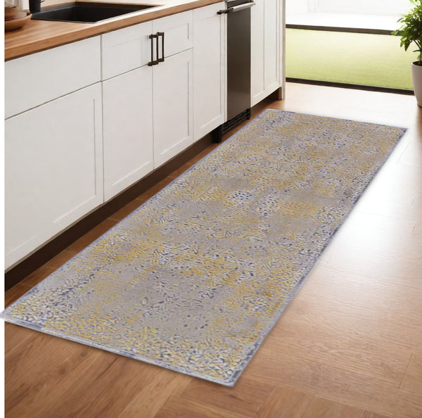 Homeroots 8' Gray And Gold Oriental Power Loom Worn Faded Runner Rug Gray Polypropylene 565857
