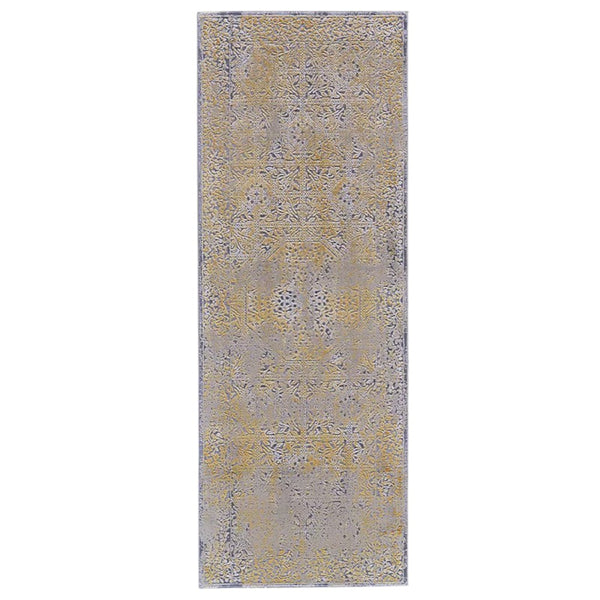 Homeroots 8' Gray And Gold Oriental Power Loom Worn Faded Runner Rug Gray Polypropylene 565857