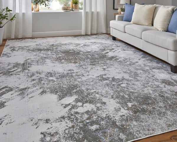 HomeRoots 5' Gray and Silver Abstract Area Rug - Durable, Stain-Resistant Design for Modern Elegance 8' Runner 565874