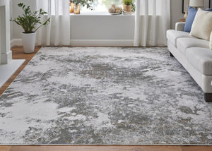 HomeRoots 5' Gray and Silver Abstract Area Rug - Durable, Stain-Resistant Design for Modern Elegance 12' X 15' 565875
