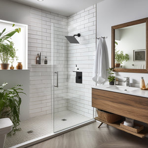 English Elm Shower 8" Square Rain Head Faucet Set with Single-Handle Mixer, 15" Arm, Rack Storage & Detachable Trim (Modern) Matte Black T3177P269146