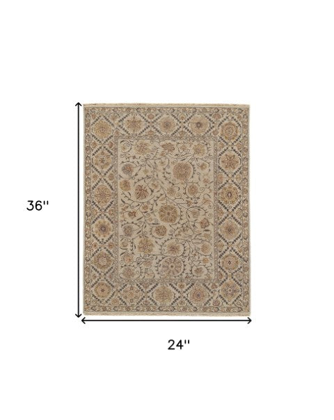 Homeroots 2' Hand Knotted Wool Oriental Area Rug - Unique Artisan Craftsmanship, Stain Resistant, Decorative Appeal Tan,Red Wool 565884