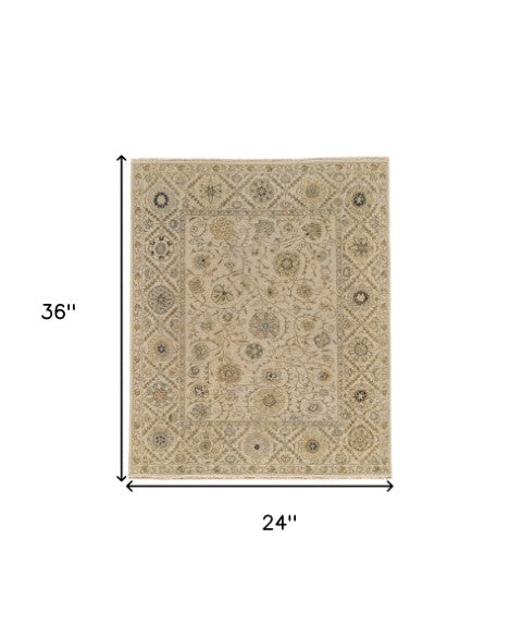 Homeroots 2' Hand Knotted Wool Oriental Area Rug - Unique Artisan Craftsmanship, Stain Resistant, Decorative Appeal Ivory,Blue,Yellow Wool 565885