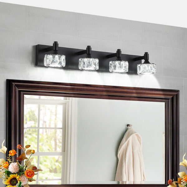English Elm Modern Matte Black 4 Light Led Vanity Bar Crystal Shades Bathroom Wall Sconce W1340P206825