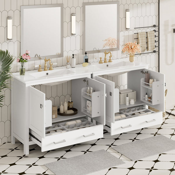 English Elm 72" White Bathroom Vanity Set with Dual Ceramic Sinks, Soft-Close Doors, Divided Drawers & Ample Storage, Solid Wood Frame, Easy Plumbing Access N729P000006K