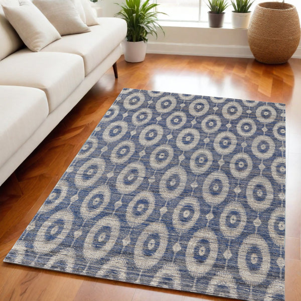Homeroots 5' X 8' Blue And Tan Geometric Hand Woven Area Rug Blue Jute 565903