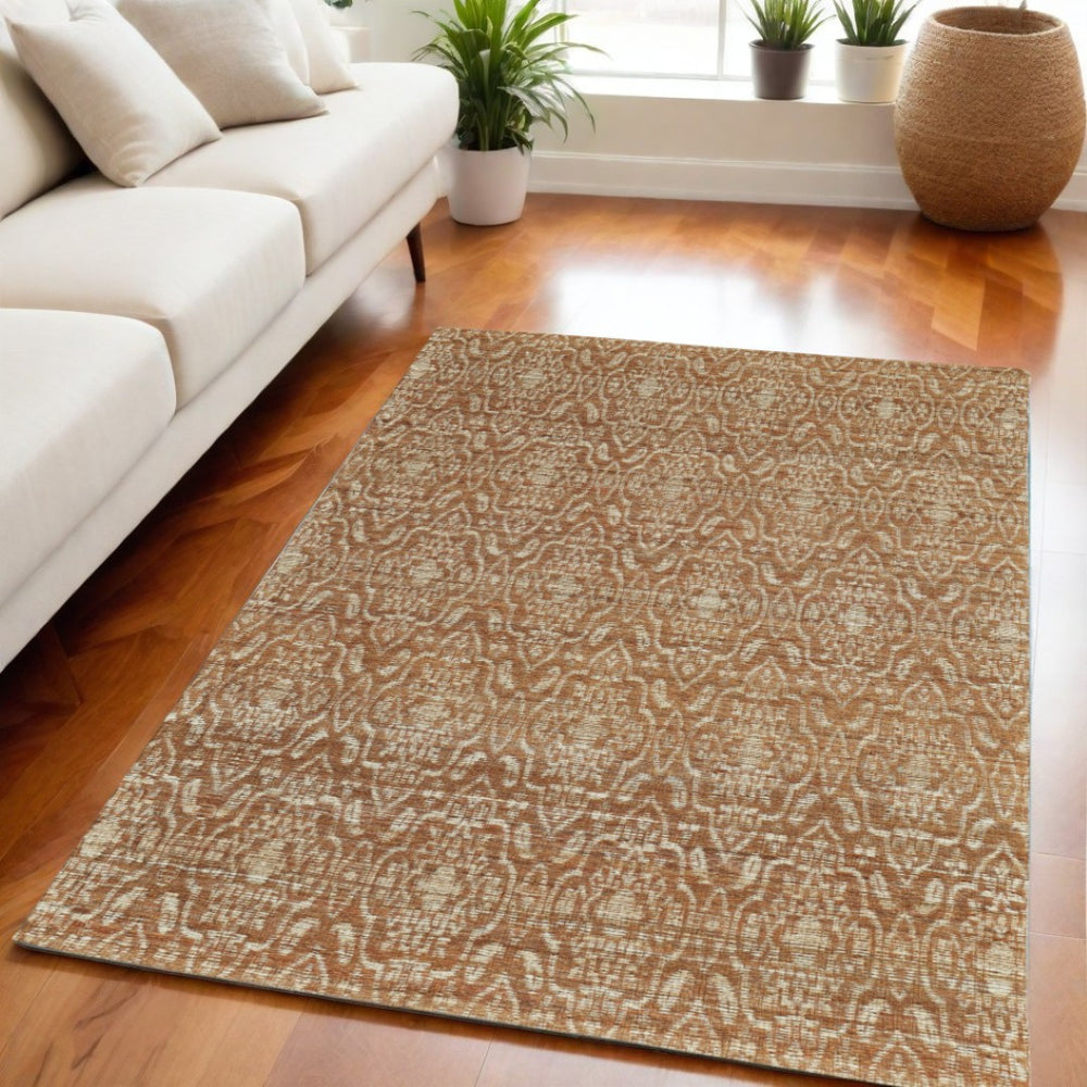 HomeRoots 5' Hand-Woven Orange and Tan Geometric Area Rug - Modern, Reversible Design for Stylish Spaces 5' X 8' 565905