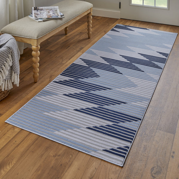 Homeroots 8' Blue White And Gray Geometric Power Loom Runner Rug Blue Polypropylene 565934