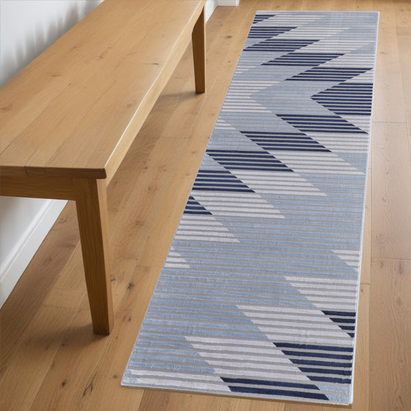 Homeroots 8' Blue White And Gray Geometric Power Loom Runner Rug Blue Polypropylene 565934