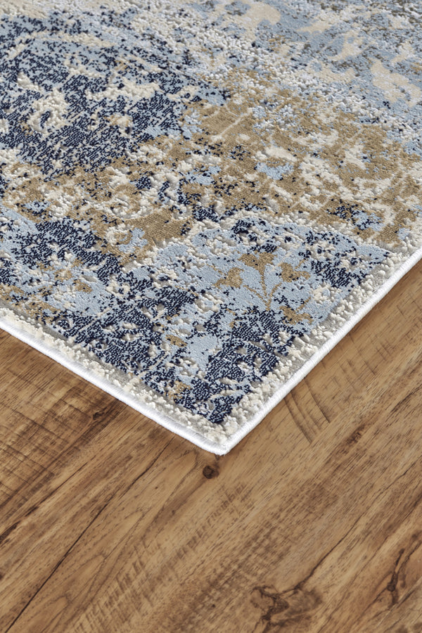 Homeroots 8' Blue Gold And Gray Oriental Power Loom Runner Rug Blue Polypropylene 565935