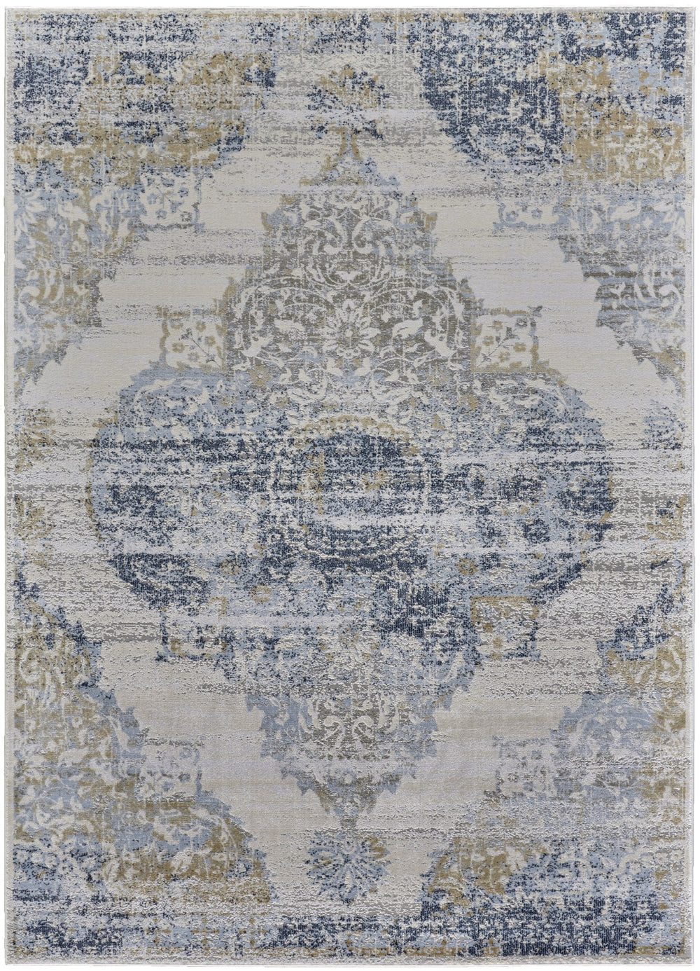 Homeroots 8' Blue Gold And Gray Oriental Power Loom Runner Rug Blue Polypropylene 565935