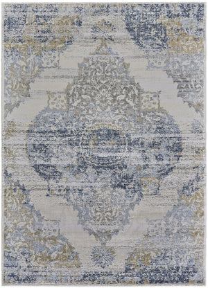 Homeroots 8' Blue Gold And Gray Oriental Power Loom Runner Rug Blue Polypropylene 565935