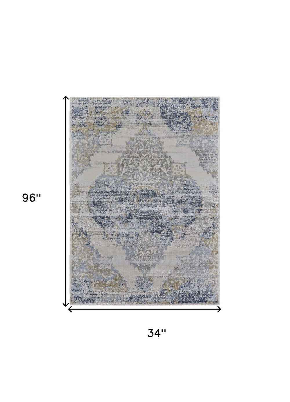 Homeroots 8' Blue Gold And Gray Oriental Power Loom Runner Rug Blue Polypropylene 565935