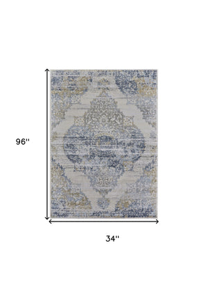 Homeroots 8' Blue Gold And Gray Oriental Power Loom Runner Rug Blue Polypropylene 565935