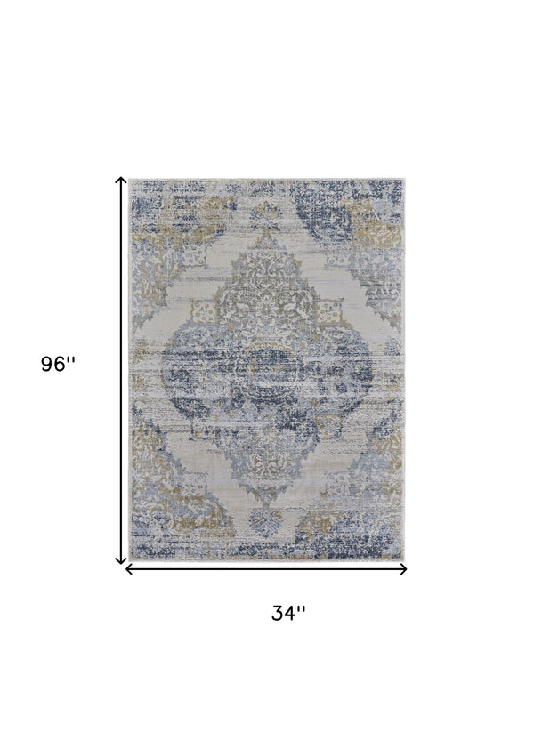 Homeroots 8' Blue Gold And Gray Oriental Power Loom Runner Rug Blue Polypropylene 565935