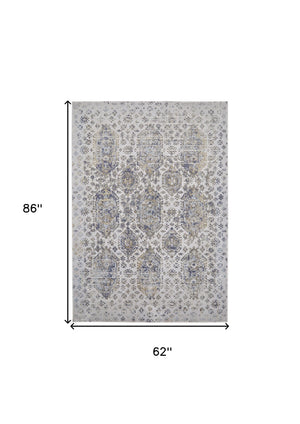 Homeroots 5' X 7' Blue White And Gray Oriental Power Loom Worn Faded Area Rug White Polypropylene 565936