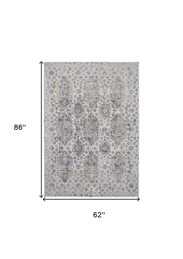 Homeroots 5' X 7' Blue White And Gray Oriental Power Loom Worn Faded Area Rug White Polypropylene 565936