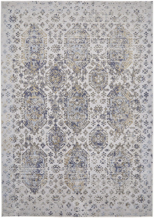 Homeroots 7' X 10' Blue White And Gray Oriental Power Loom Worn Faded Area Rug White Polypropylene 565937