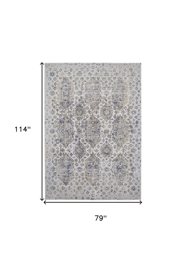 Homeroots 7' X 10' Blue White And Gray Oriental Power Loom Worn Faded Area Rug White Polypropylene 565937