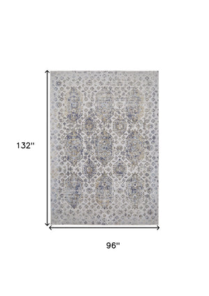 Homeroots 8' X 11' Blue White And Gray Oriental Power Loom Worn Faded Area Rug White Polypropylene 565938
