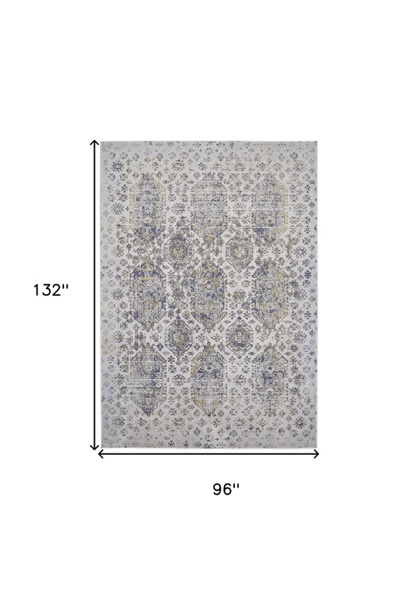 Homeroots 8' X 11' Blue White And Gray Oriental Power Loom Worn Faded Area Rug White Polypropylene 565938