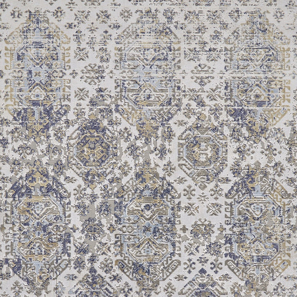 Homeroots 10' X 13' Blue White And Gray Oriental Power Loom Worn Faded Area Rug White Polypropylene 565939