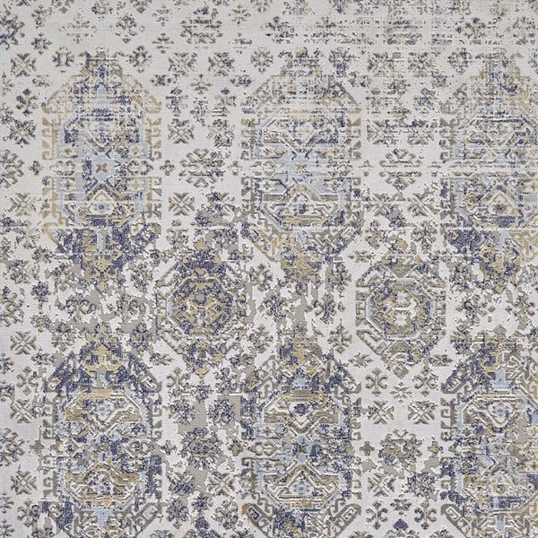 Homeroots 10' X 13' Blue White And Gray Oriental Power Loom Worn Faded Area Rug White Polypropylene 565939