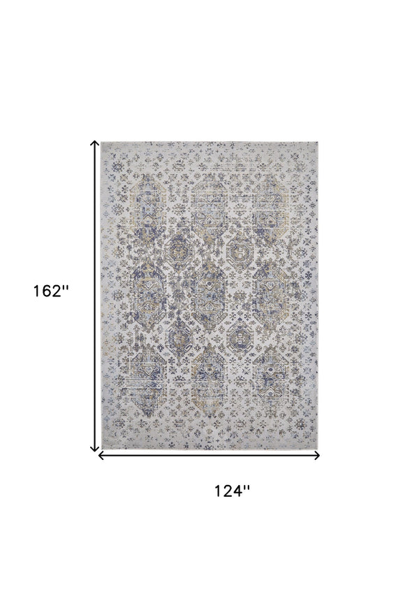 Homeroots 10' X 13' Blue White And Gray Oriental Power Loom Worn Faded Area Rug White Polypropylene 565939