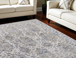 Homeroots 10' X 13' Blue White And Gray Oriental Power Loom Worn Faded Area Rug White Polypropylene 565939
