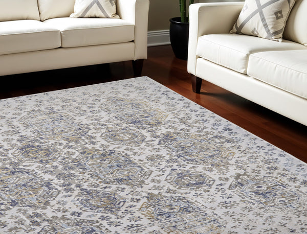 Homeroots 10' X 13' Blue White And Gray Oriental Power Loom Worn Faded Area Rug White Polypropylene 565939