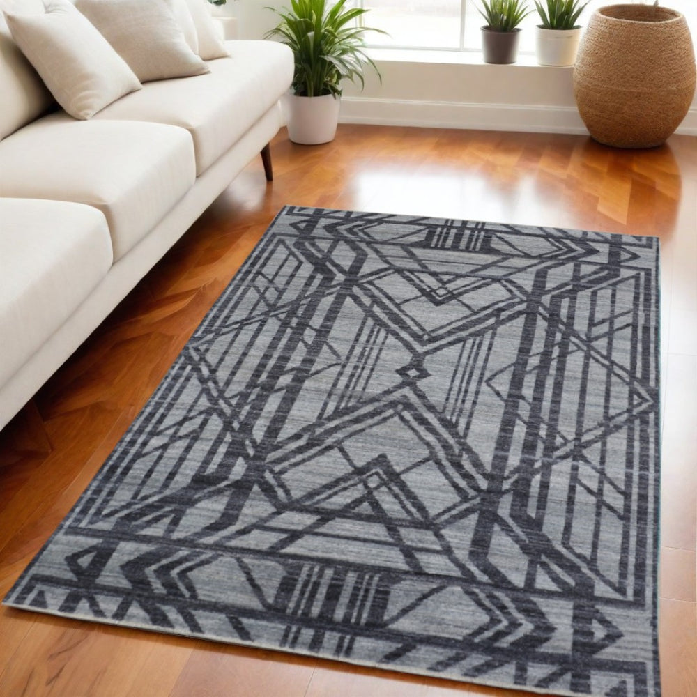 HomeRoots 5' Hand-Knotted Gray and Blue Wool Area Rug – Modern Geometric Design for Durable, Stylish Living Spaces 5' X 8' 565941