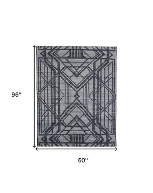 HomeRoots 5' Hand-Knotted Gray and Blue Wool Area Rug – Modern Geometric Design for Durable, Stylish Living Spaces 5' X 8' 565941
