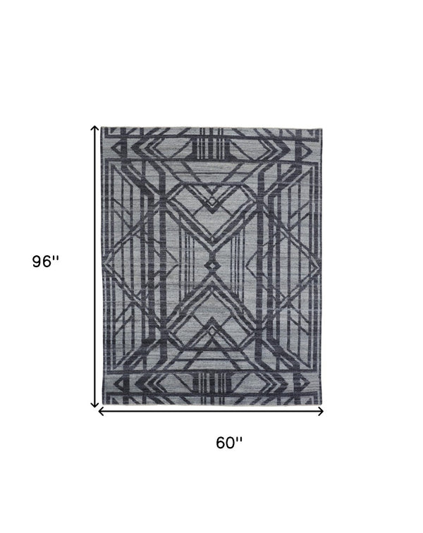 HomeRoots 5' Hand-Knotted Gray and Blue Wool Area Rug – Modern Geometric Design for Durable, Stylish Living Spaces 5' X 8' 565941