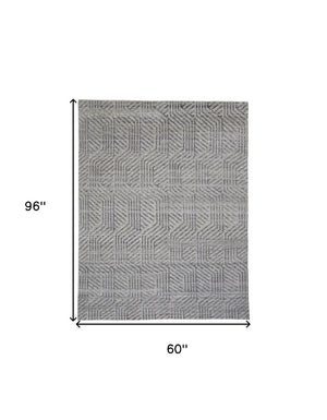 HomeRoots 5' Geometric Hand-Knotted Wool Area Rug - Stylish Tan and Gray Design for Modern Living Spaces 5' X 8' 565946