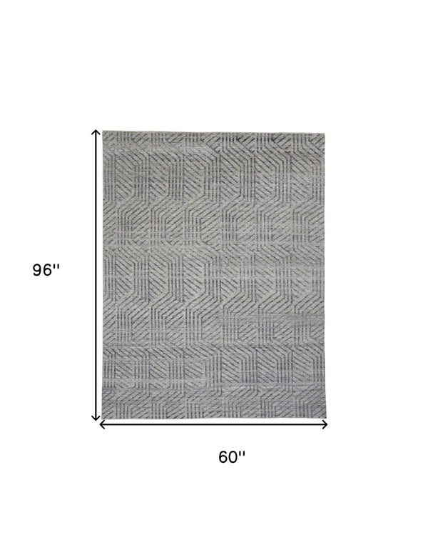 HomeRoots 5' Geometric Hand-Knotted Wool Area Rug - Stylish Tan and Gray Design for Modern Living Spaces 5' X 8' 565946