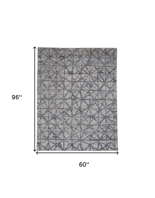HomeRoots 5' Hand-Knotted Gray Wool Area Rug with Distressed Geometric Design for Modern Elegance & Comfort 5' X 8' 565947