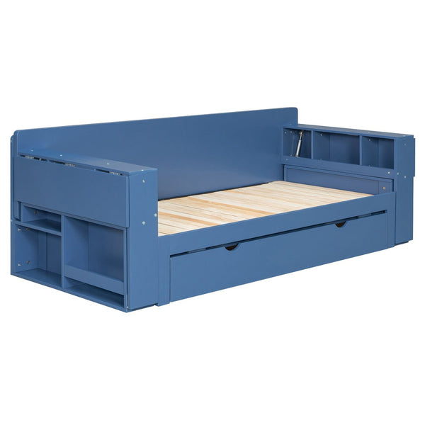 English Elm Queen Daybed with Hydraulic Desk Storage Drawers and Convertible Sofa for Small Spaces Blue LT000272AAC