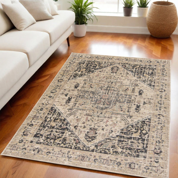 Homeroots 5' X 8' Black Gray And Tan Oriental Power Loom Worn Faded Area Rug Gray Polypropylene 565950