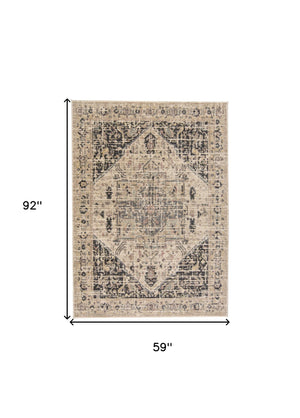 Homeroots 5' X 8' Black Gray And Tan Oriental Power Loom Worn Faded Area Rug Gray Polypropylene 565950