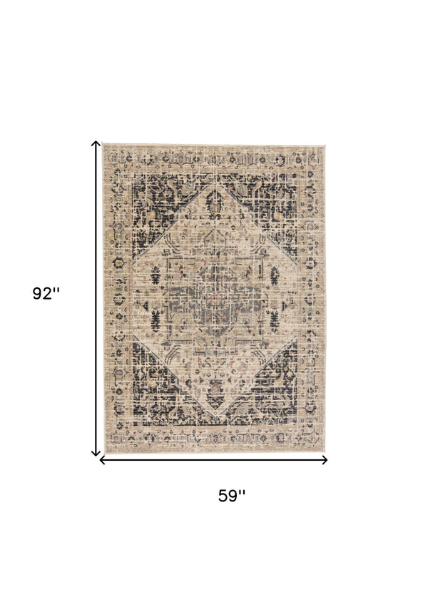 Homeroots 5' X 8' Black Gray And Tan Oriental Power Loom Worn Faded Area Rug Gray Polypropylene 565950