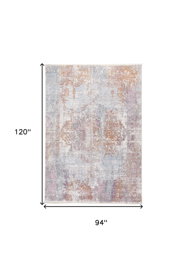 Homeroots 8' X 10' Pink And Blue Oriental Power Loom Worn Faded Area Rug With Fringe Gold Viscose 565951