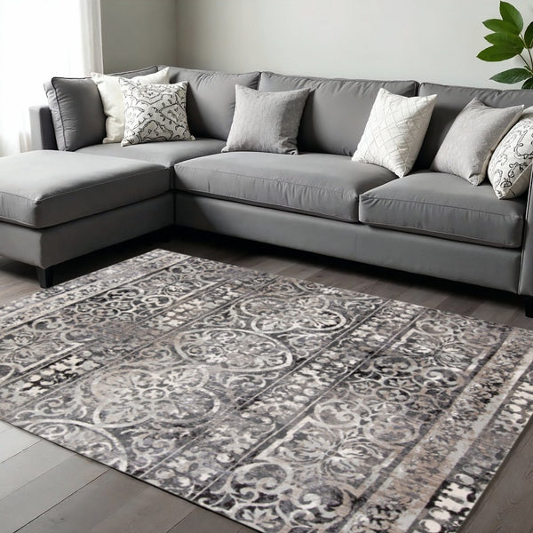 HomeRoots 8' Gray and Ivory Abstract Distressed Area Rug - Stylish, Durable, Stain-Resistant Design for Any Space 8' X 10' 565954