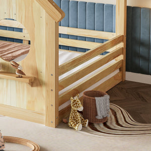 English Elm Twin House Bed Low Profile Pine Wood Frame with Shelf Montessori Kids Floor Sleeping Natural W5305P429645
