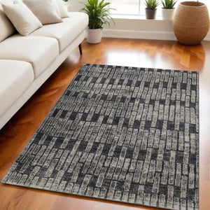 HomeRoots 4' Gray and Black Geometric Area Rug - Modern Power Loom Design with Worn-Faded Look for Homes 5' X 8' 565977