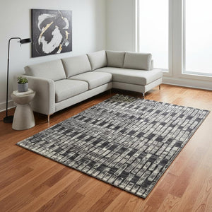 HomeRoots 4' Gray and Black Geometric Area Rug - Modern Power Loom Design with Worn-Faded Look for Homes 8' X 11' 565980