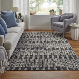 HomeRoots 4' Gray and Black Geometric Area Rug - Modern Power Loom Design with Worn-Faded Look for Homes 10' X 14' 565981