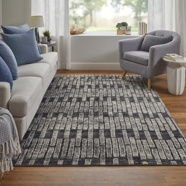 HomeRoots 4' Gray and Black Geometric Area Rug - Modern Power Loom Design with Worn-Faded Look for Homes 10' X 14' 565981