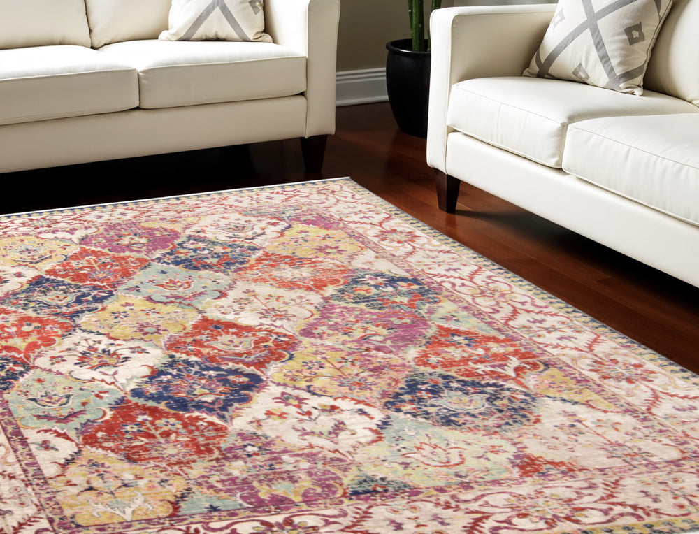 Homeroots 8' X 10' Ivory Red And Blue Floral Power Loom Area Rug Red Viscose 565988